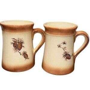 Vintage Pinecone Ceramic Mugs Set Of 2 Brown & Cream
